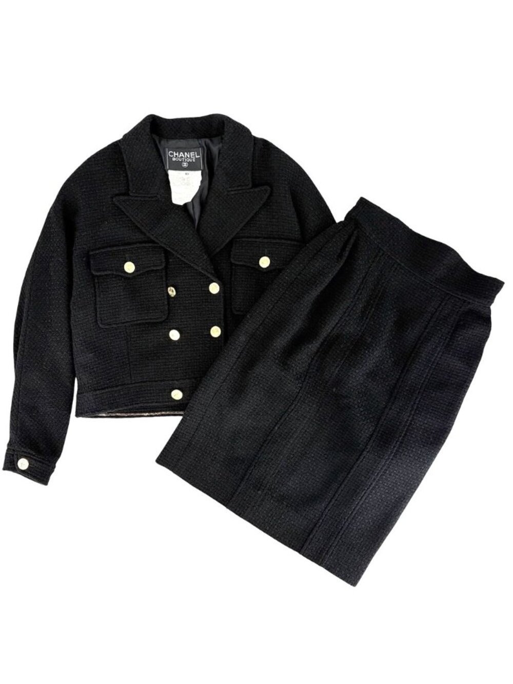 Chanel Set Mademoiselle Button Jacket Skirt Vintage Black Gold Wool Fall 40